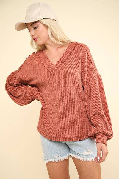 VERY J - NT11946-Two Tone Otto Ribbed V-Neck Oversized Knit Top: MOSS / S-M-L/2-2-2