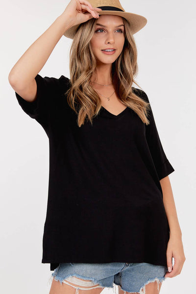 Shop Basic USA - V Neck Banded Short Sleeve Top: M / BLACK