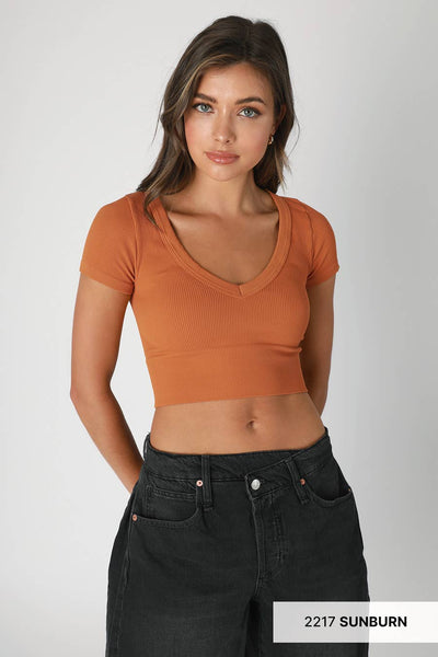 NIKIBIKI - NS8268 - V Neck Crop Tee: 2221 Coffee Bean