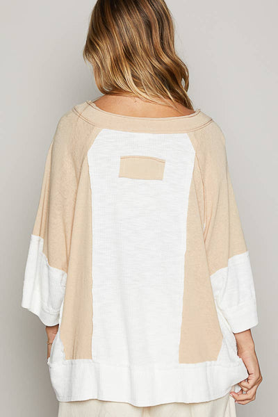 Pol Clothing - Oversize notched neck frayed edge contrast knit top SALE: M / LATTE/IVORY