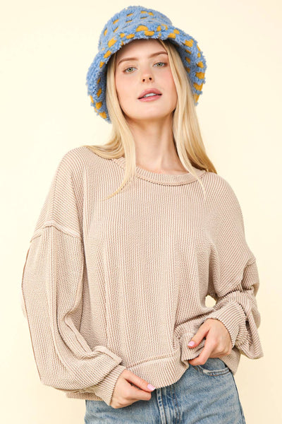 VERY J - NT11947-Two Tone Otto Ribbed Oversized Soft Comfy knit Top: MOSS / S-M-L/2-2-2