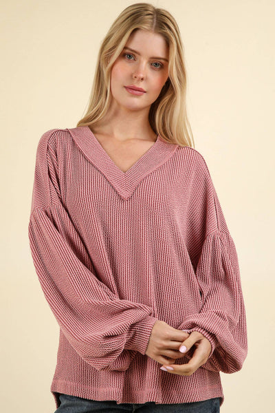 VERY J - NT11946-Two Tone Otto Ribbed V-Neck Oversized Knit Top: MOSS / S-M-L/2-2-2