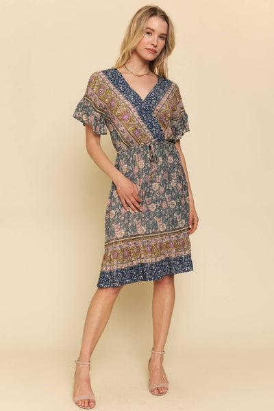 Mystree - 55993 Ruffled Border Print Dress: Small / Char/Blue