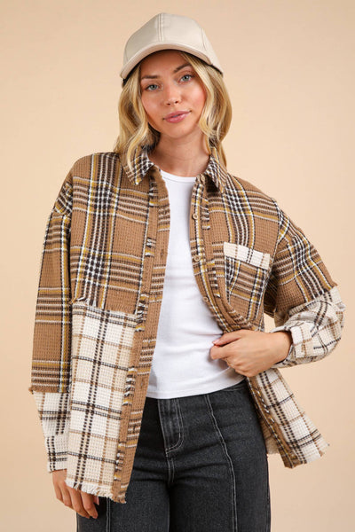 VERY J - NJ90261-Mixed Plaid Oversized Casual Shacket Jacket: OLIVE / S-M-L/2-2-2