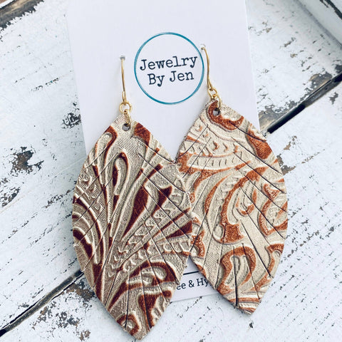 Jewelry By Jen - Fringe Leaf: Light Gold & Copper Metallic Western Tooled