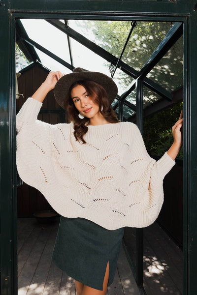 Leto Accessories - Ribbed Knit Pattern Poncho w/ Sleeves: Ivory