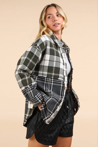 VERY J - NJ90261-Mixed Plaid Oversized Casual Shacket Jacket: OLIVE / S-M-L/2-2-2