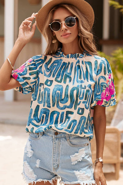 Little Daisy Closet - Embroidered Puff Sleeve Frilled Neck Printed Top: M / Blue
