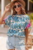 Little Daisy Closet - Embroidered Puff Sleeve Frilled Neck Printed Top: L / Blue