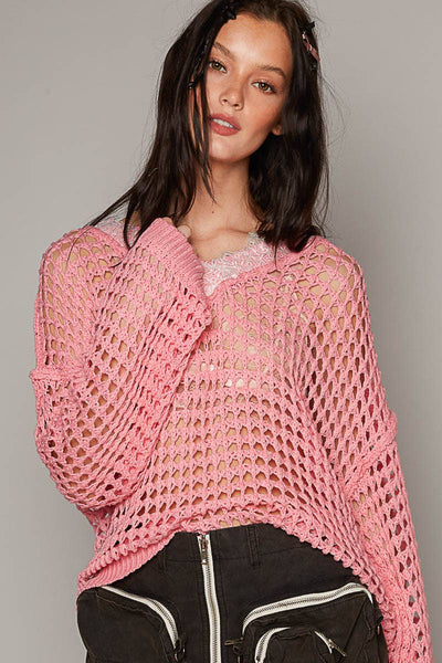 Pol Clothing - V-neck long sleeve rib band detail solid lightweight SALE: S / BARBIE PINK