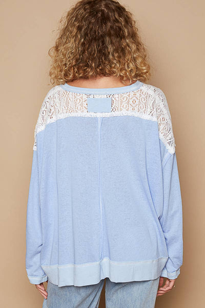 Pol Clothing - Round neck long sleeve lace patch solid knit top: EVENING BLUE / L