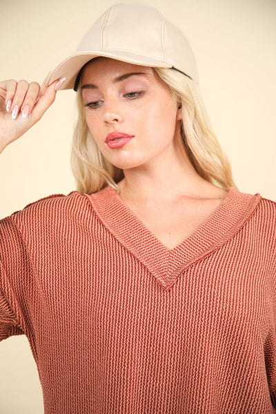 VERY J - NT11946-Two Tone Otto Ribbed V-Neck Oversized Knit Top: OATMEAL / S-M-L/2-2-2