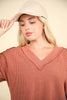 VERY J - NT11946-Two Tone Otto Ribbed V-Neck Oversized Knit Top: WINE / S-M-L/2-2-2