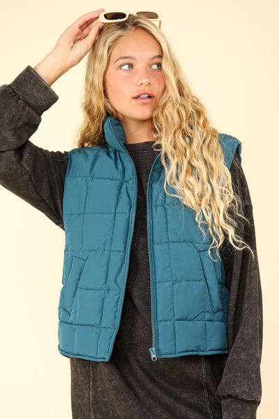 VERY J - NJ90282-Solid Puffer Padded Warm Vest: KELLY GREEN / S-M-L/2-2-2