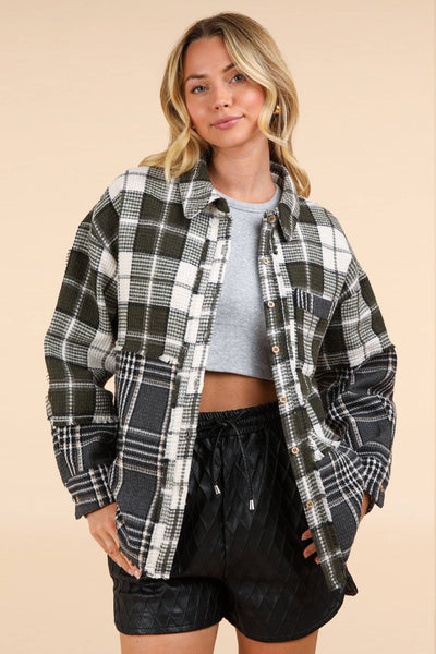 VERY J - NJ90261-Mixed Plaid Oversized Casual Shacket Jacket: OLIVE / S-M-L/2-2-2