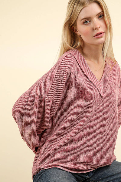 VERY J - NT11946-Two Tone Otto Ribbed V-Neck Oversized Knit Top: MOSS / S-M-L/2-2-2