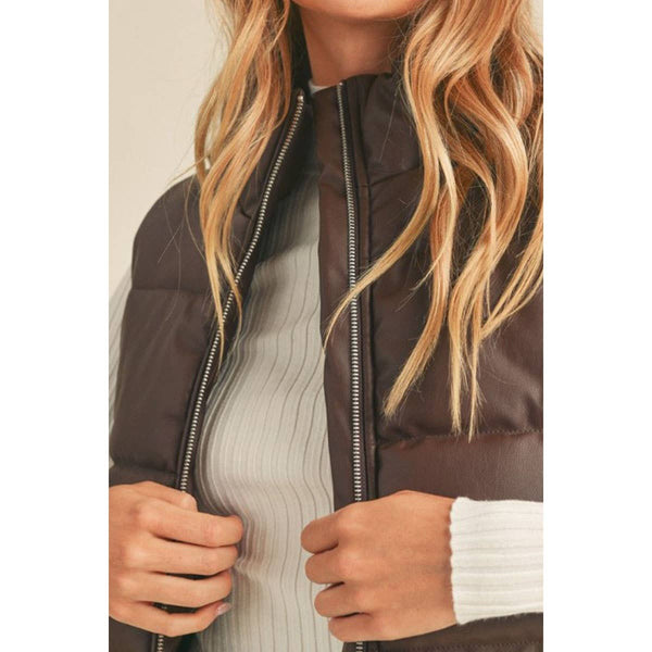 Timeless - FAUX LEATHER HIGH NECK ZIP UP PUFFER VEST: COGNAC / S-M-L(2-2-2)