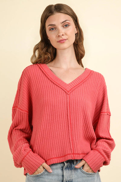 VERY J - NT11804-Casual Comfy Soft V-Neck Knit Top: ECRU / S-M-L/2-2-2