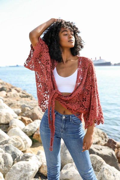 Leto Accessories - Summer Crochet Floral Petal Kimono Wrap ☀️: Rust