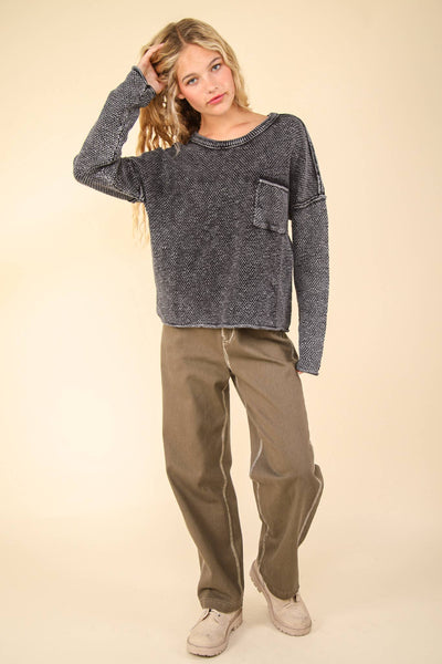 VERY J - 12W3102N-Mineral Washed Knit Oversized Sweater Pullover Top: BEIGE / S-M-L/2-2-2