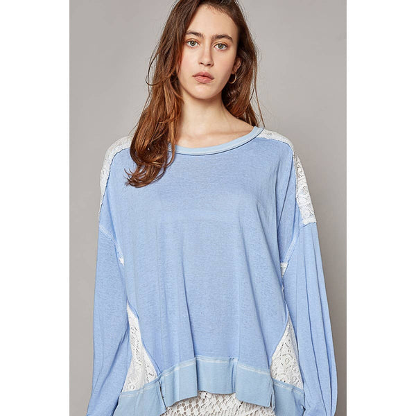 Pol Clothing - Round neck long sleeve lace patch solid knit top: EVENING BLUE / S