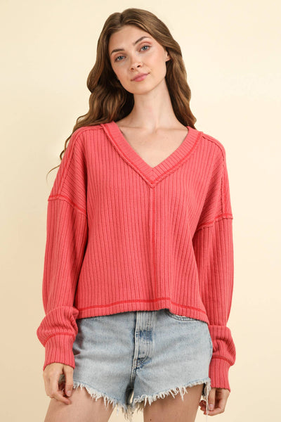 VERY J - NT11804-Casual Comfy Soft V-Neck Knit Top: ECRU / S-M-L/2-2-2