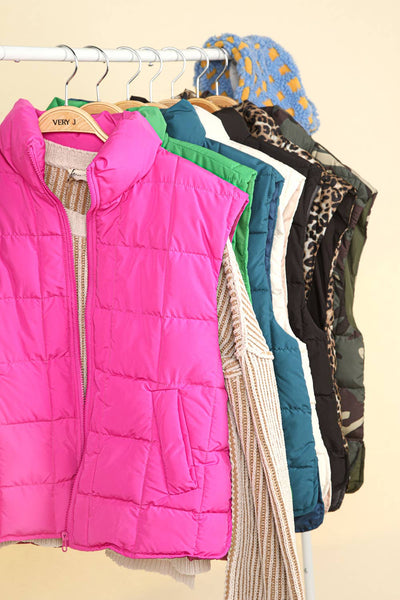 VERY J - NJ90282-Solid Puffer Padded Warm Vest: KELLY GREEN / S-M-L/2-2-2