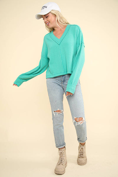 VERY J - NT11804-Casual Comfy Soft V-Neck Knit Top: OLIVE / S-M-L/2-2-2