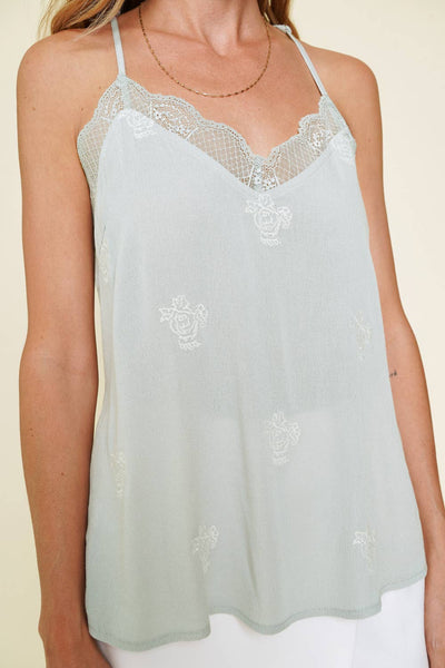 Mystree - 55946 Embroidered Lace Trim Cami: Small / LT. Grey