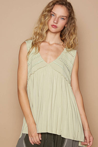 Pol Clothing - Sleeveless loose fit v-neck babydoll casual knit top SALE: EVERGREEN / L