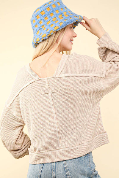 VERY J - NT11947-Two Tone Otto Ribbed Oversized Soft Comfy knit Top: OATMEAL / S-M-L/2-2-2