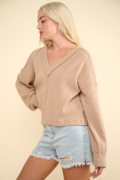 VERY J - NT11804-Casual Comfy Soft V-Neck Knit Top: ECRU / S-M-L/2-2-2