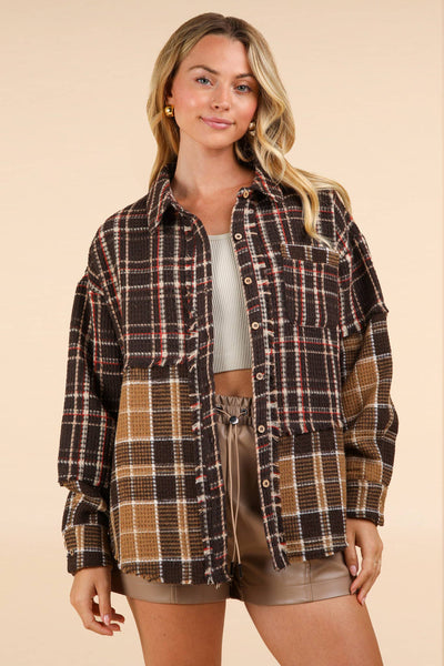 VERY J - NJ90261-Mixed Plaid Oversized Casual Shacket Jacket: IVORY / S-M-L/2-2-2