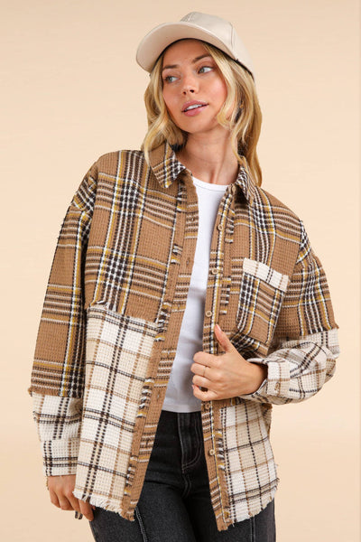 VERY J - NJ90261-Mixed Plaid Oversized Casual Shacket Jacket: OLIVE / S-M-L/2-2-2