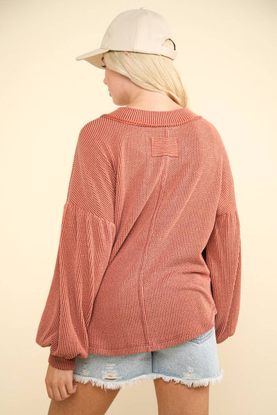 VERY J - NT11946-Two Tone Otto Ribbed V-Neck Oversized Knit Top: OATMEAL / S-M-L/2-2-2