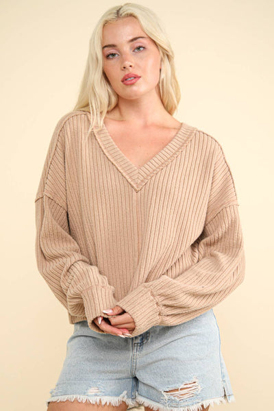 VERY J - NT11804-Casual Comfy Soft V-Neck Knit Top: OLIVE / S-M-L/2-2-2