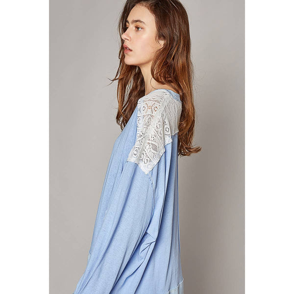 Pol Clothing - Round neck long sleeve lace patch solid knit top: EVENING BLUE / L