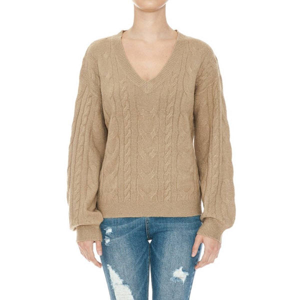 Timeless - Mossy V Neck Cable Knit Long Sleeve Sweater Top: IVORY / M