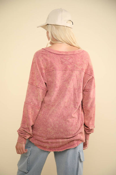 VERY J - NT11802-Washed Knit V-Neck Oversized Top: MAUVE / S-M-L/2-2-2