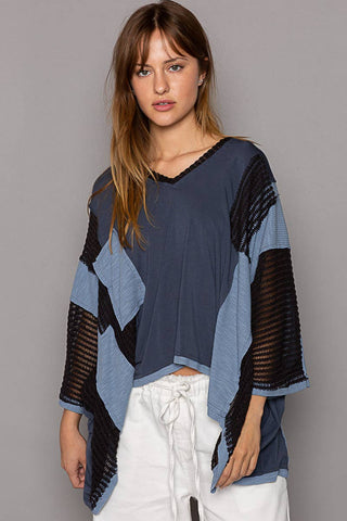 Pol Clothing - Oversize high low contrast fabric v-neck 3/4 sleeve top SALE: MIDNIGHT BLUE / M