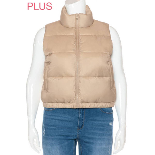 Timeless - PLUS Nylon High Neck Faux Down Puffer Vest: IVORY / 1X