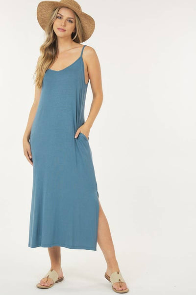 Shop Basic USA - Solid Long Dress With Spaghetti Straps: XL / NAVY