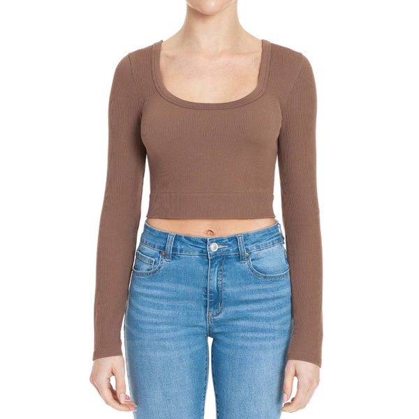 Timeless - RIBBED SEAMLESS SCOOP NECK LONG SLEEVE CROPPED TOP: DEEP RED / M/L