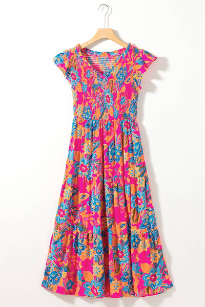 Aapparella - Women Boho Floral V Neck Ruffle Tiered Maxi Dress | S-XL: Missy / L / Multi-Colored