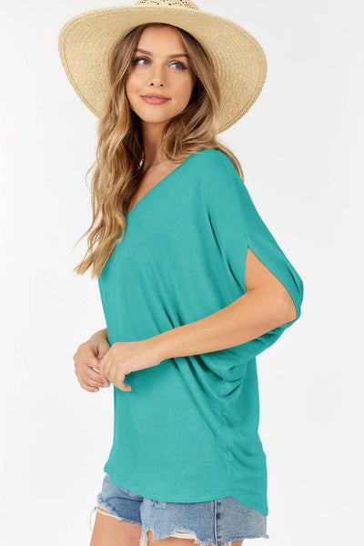 Shop Basic USA - Women's V Neck Top with dolman sleeves: L / DUSTY GREEN