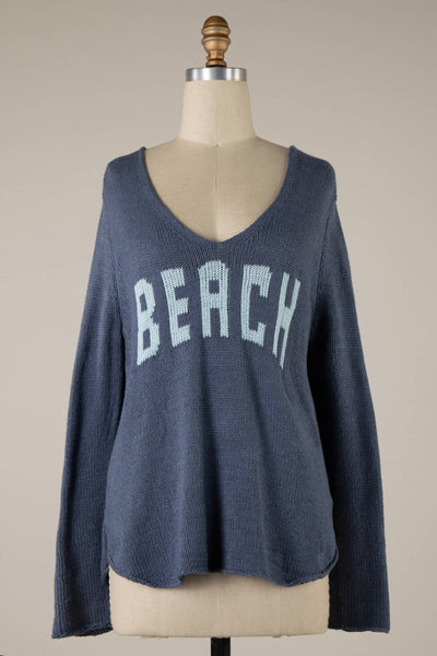 MIRACLE - Beach Saying Lightweight Knit V Neck Sweater: Aqua/White / S