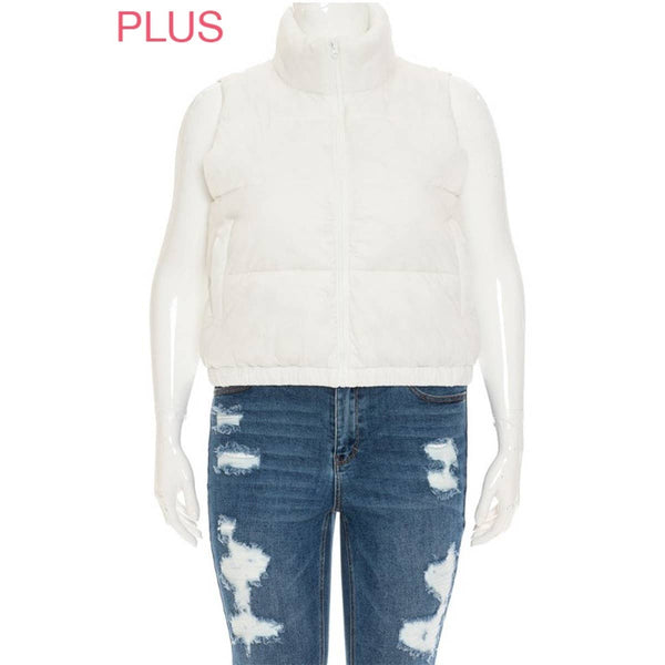 Timeless - PLUS Nylon High Neck Faux Down Puffer Vest: IVORY / 3X