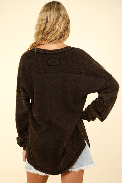 VERY J - NT11802-Washed Knit V-Neck Oversized Top: Black / S-M-L/2-2-2