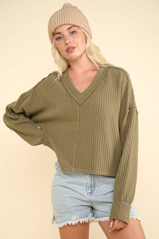 VERY J - NT11804-Casual Comfy Soft V-Neck Knit Top: OLIVE / S-M-L/2-2-2