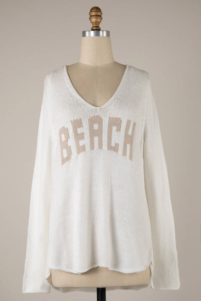 MIRACLE - Beach Saying Lightweight Knit V Neck Sweater: Aqua/White / M